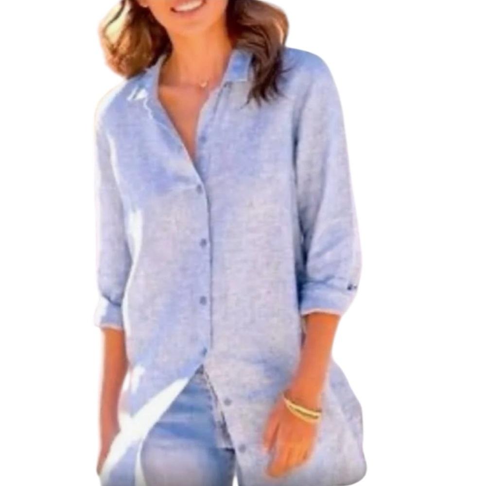 Tahari Blue Linen Tunic Top, Pearl Buttons, Collared, Roll Up/Down Sleeve,
Sz M